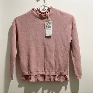 New Mango Girls 2 in 1 Look Pink Gauze Ruffled Neck Top Cotton Sweater  7-8